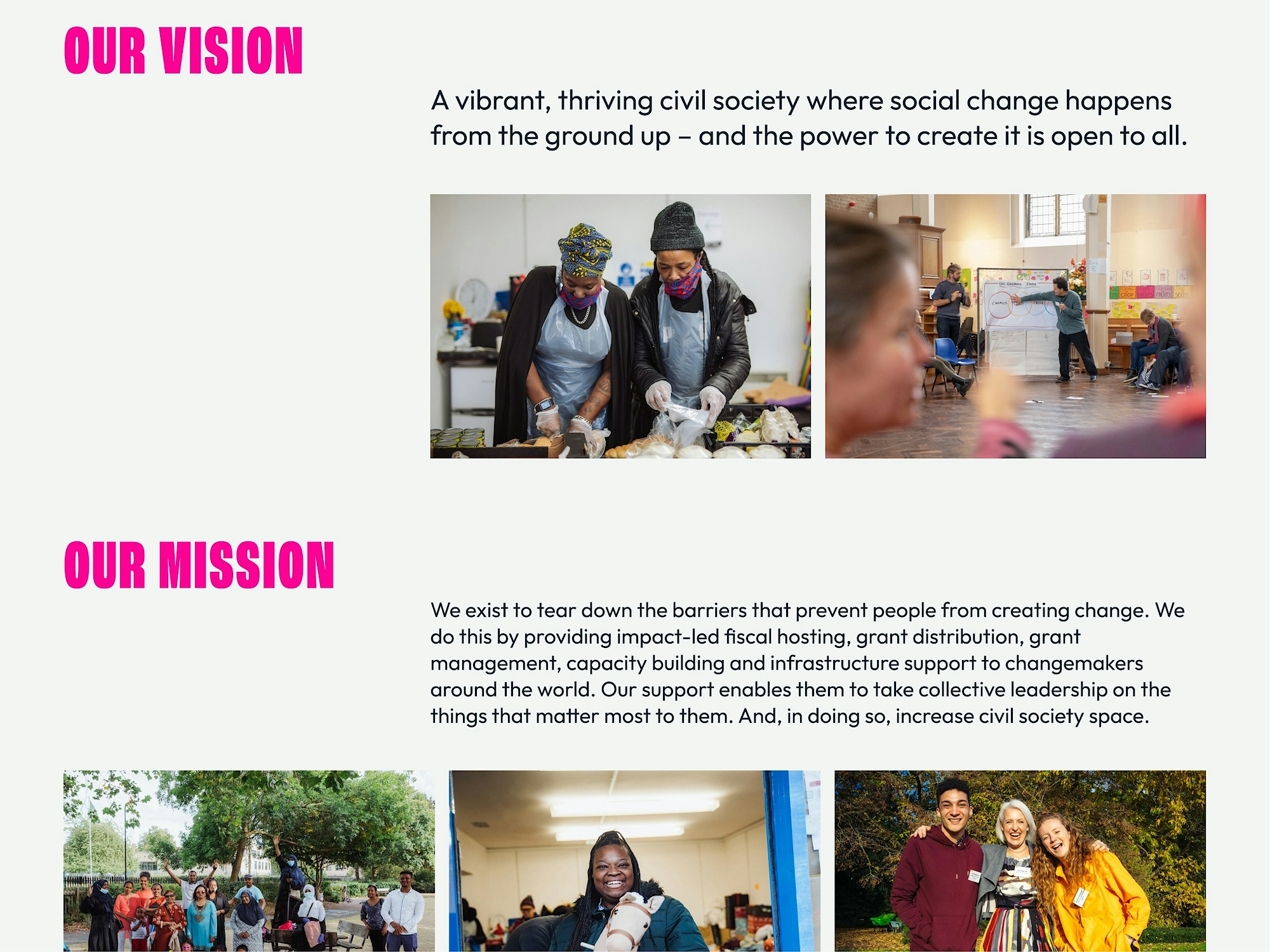 Our Story page design for The Social Change Nest showing their vision and mission statements