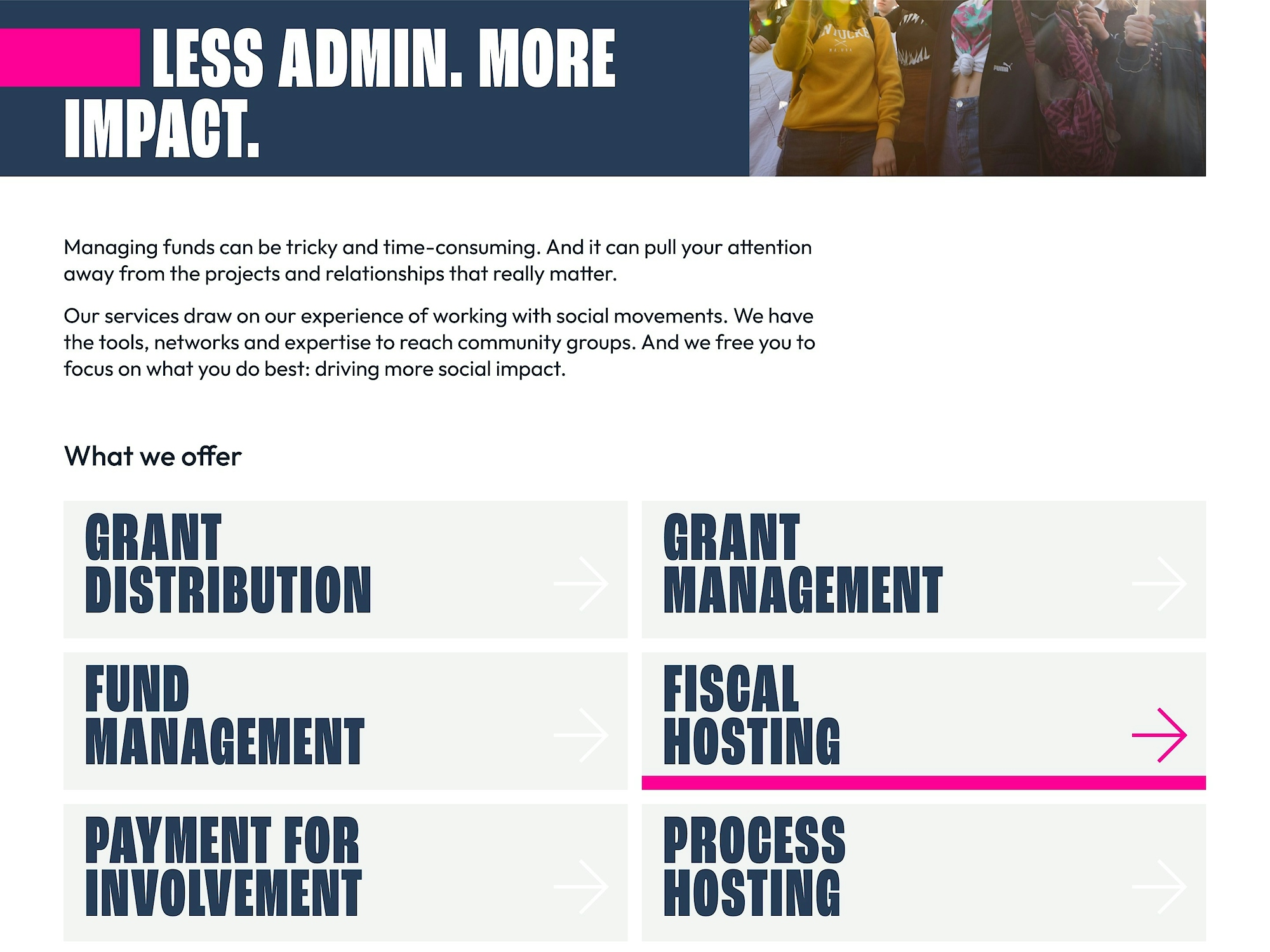 Services page design for The Social Change Nest