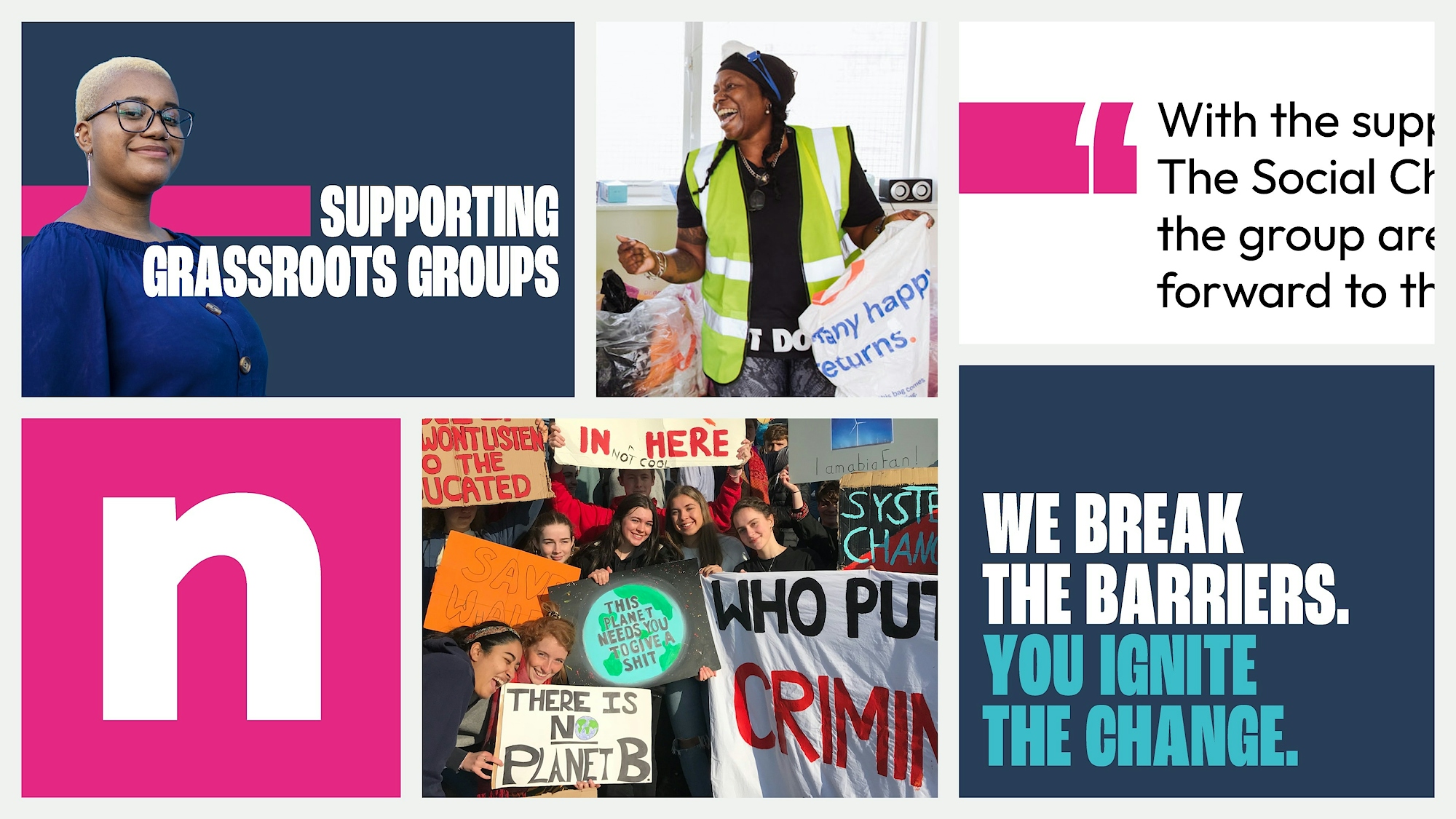 Designs showing applications of The Social Change Nest’s bold and accessible brand identity